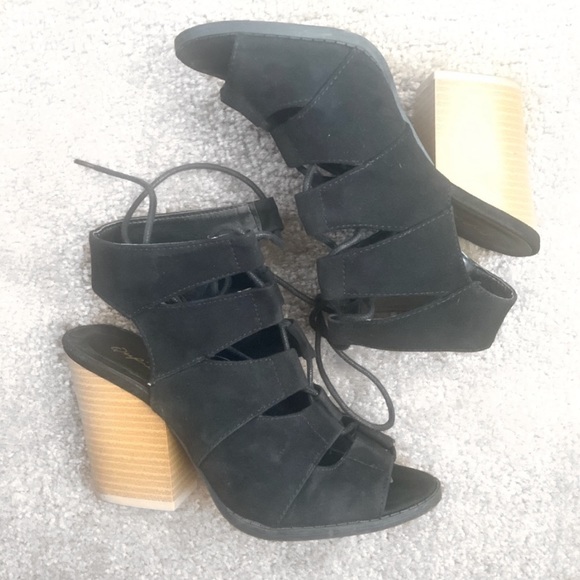 Qupid Suede Lace Up Block Heels